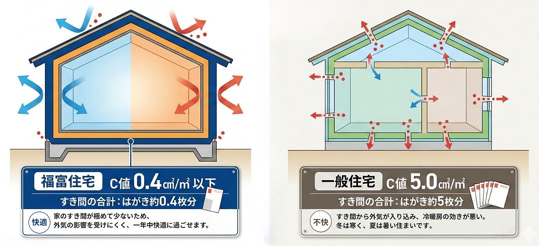 福富住宅と一般住宅の気密性能の違いのイラスト
