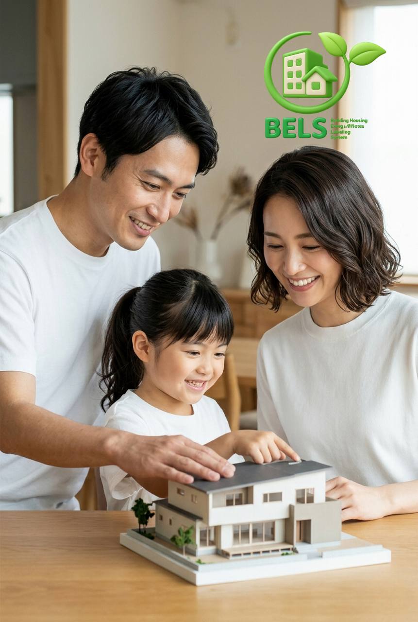 新築住宅の模型を眺める家族のイメージ画像