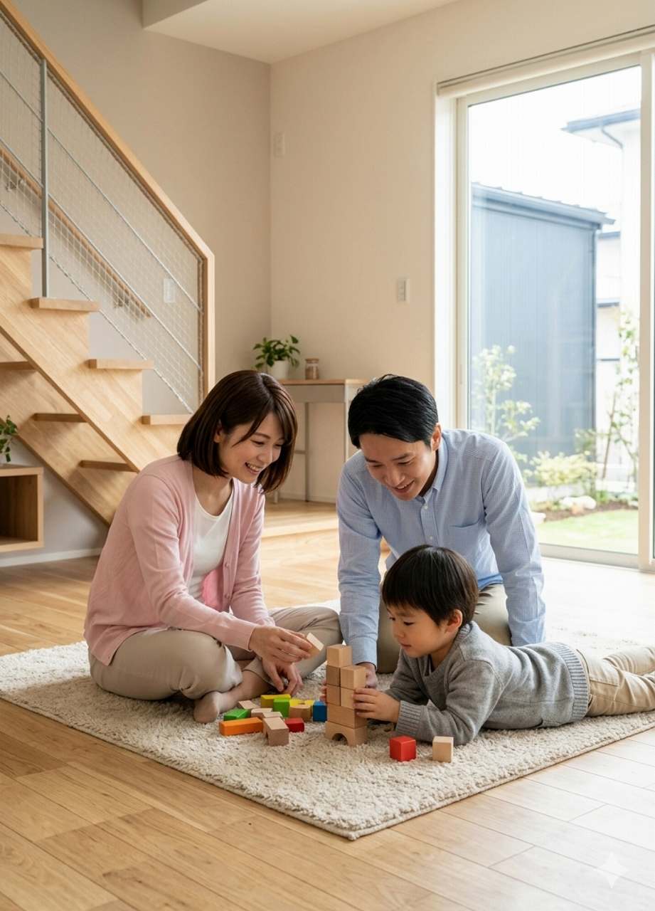 床に寝そべって遊ぶ家族のイメージ画像