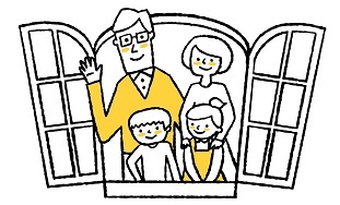 窓から顔を出す家族のイラスト