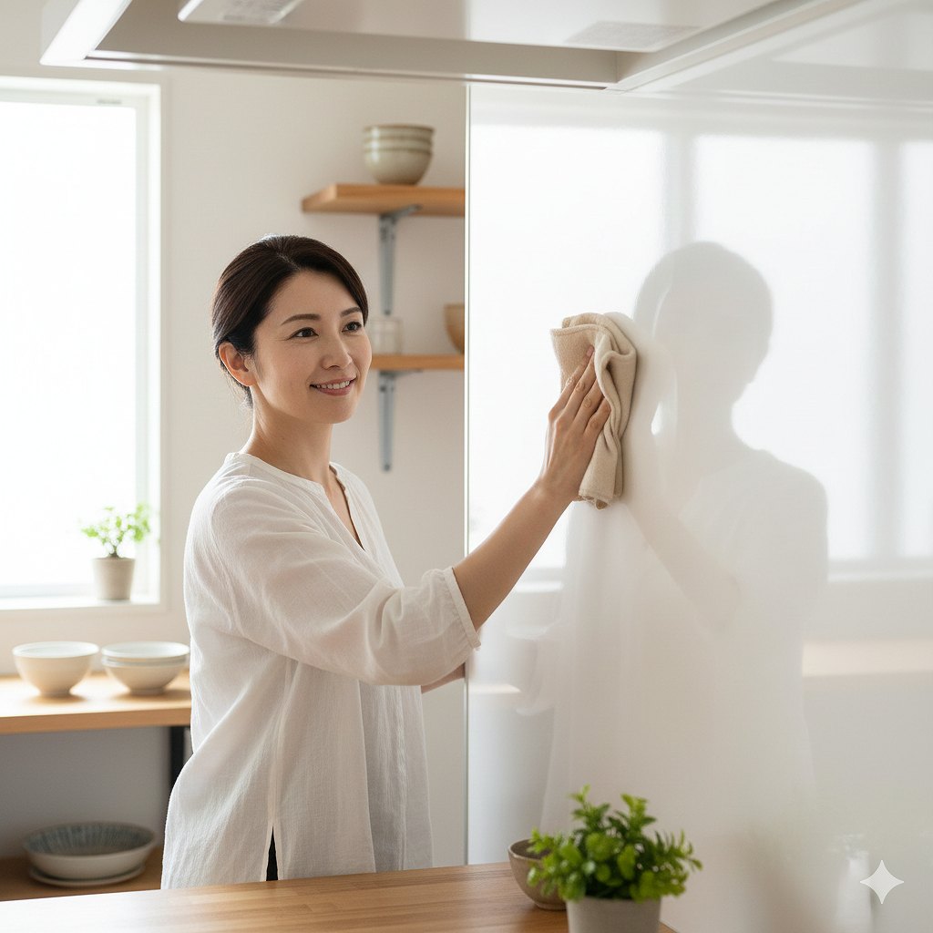 ホーローの壁をお掃除する女性のイメージ画像