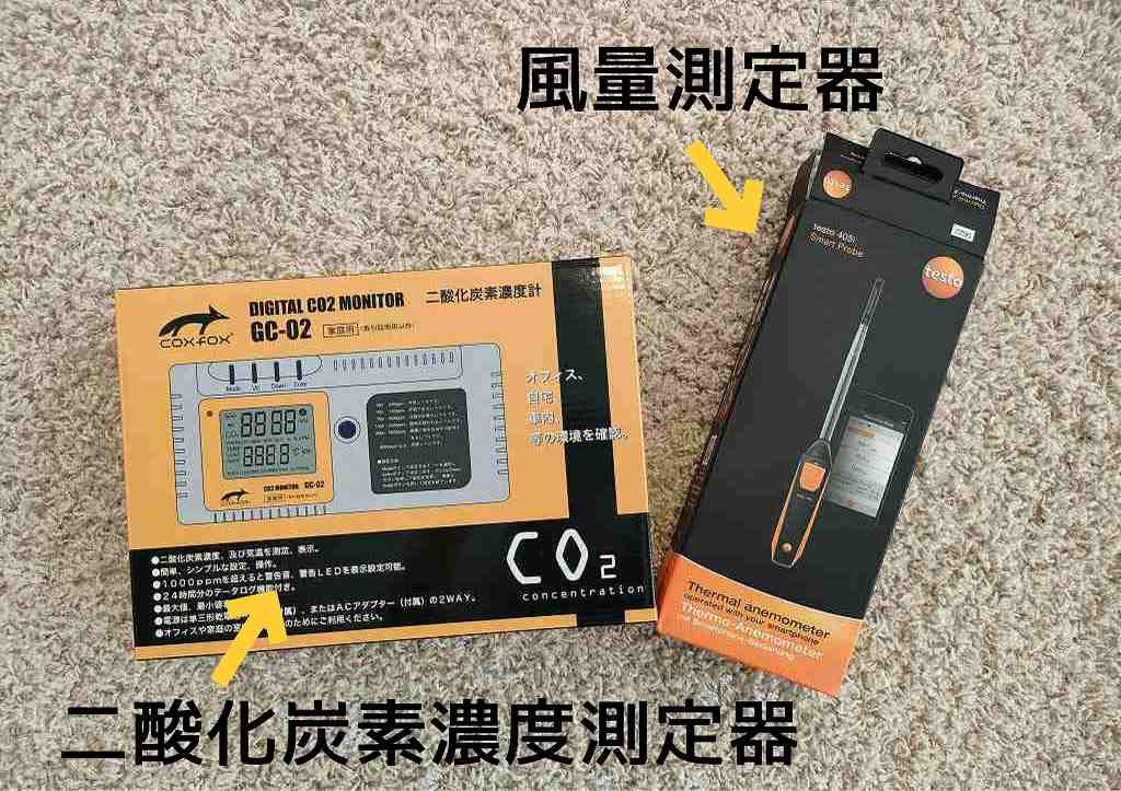 二酸化炭素測定器と風量測定器の写真