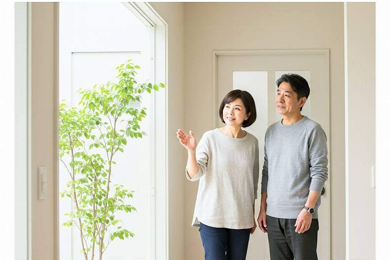 家の内覧をする50代夫婦の写真