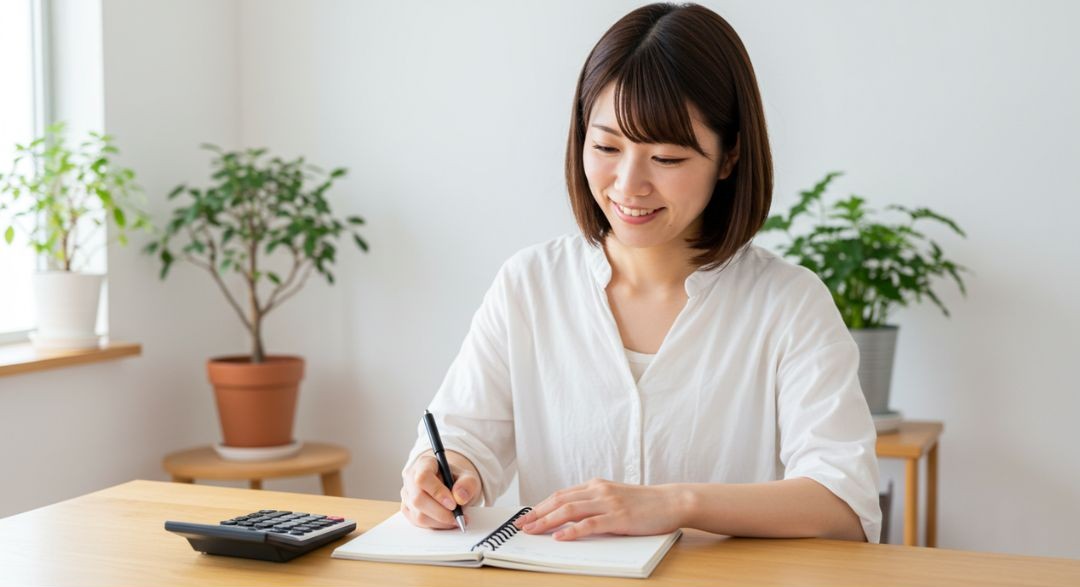 家計簿をつける女性の画像