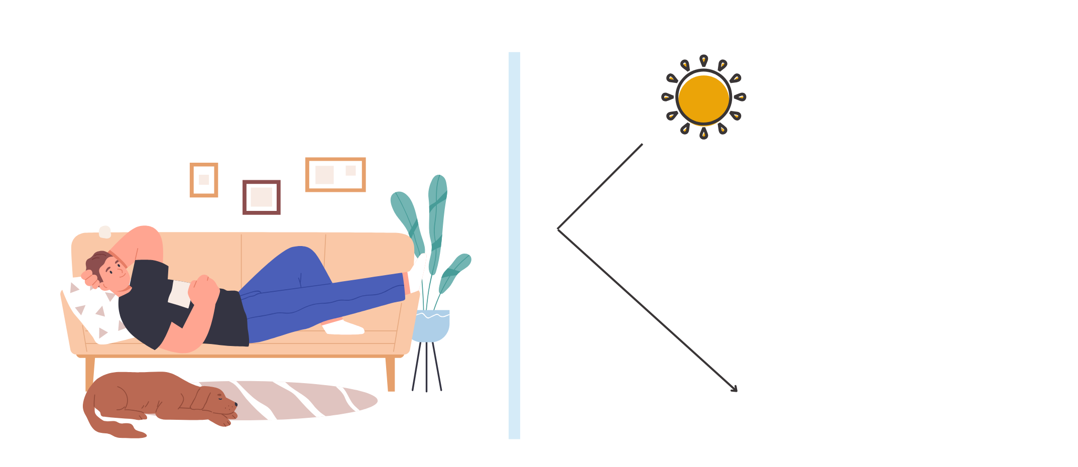 窓の外で日差しをさえぎる家の工夫イラスト