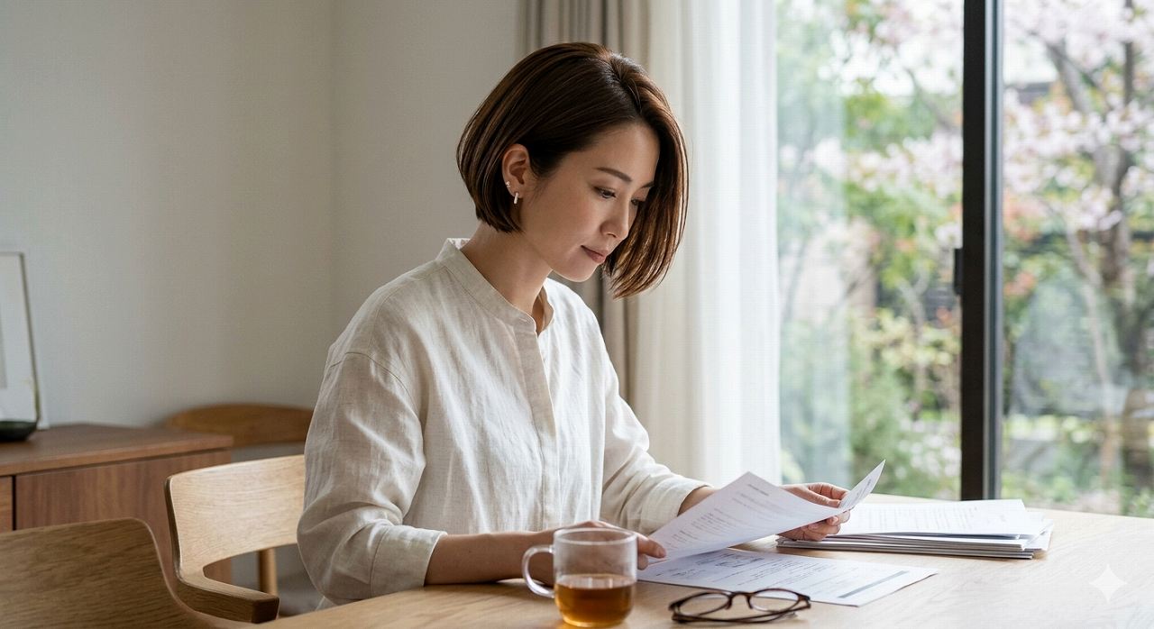 補助金のパンフレットを読んでいる女性のイメージ画像