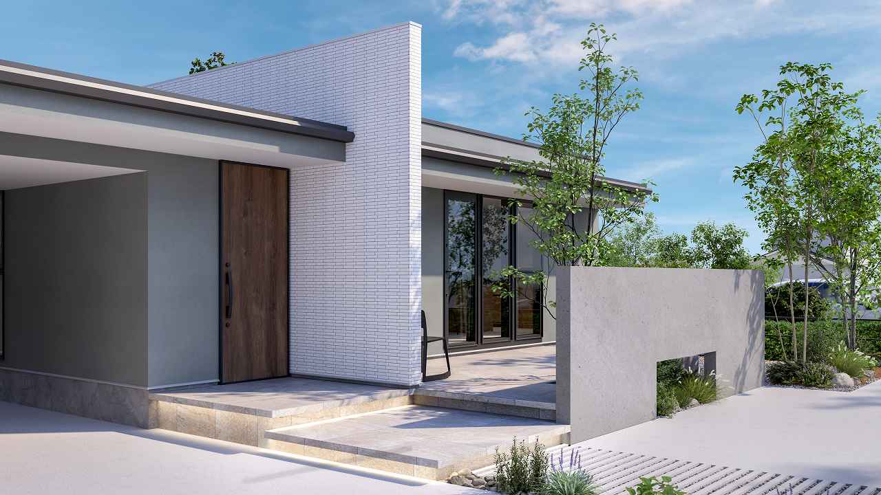リネラ南玄関20坪のミューテッドトーンデザインの玄関アプローチCG画像