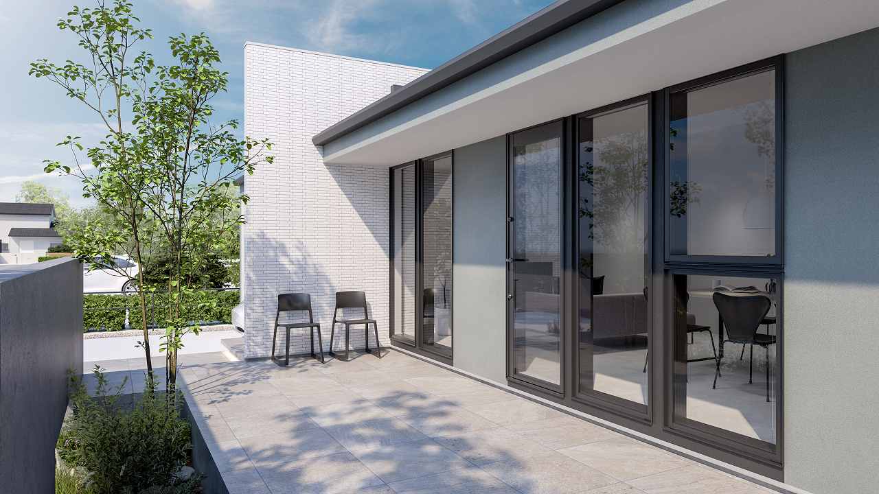 リネラ南玄関20坪のミューテッドトーンデザインのテラスCG画像